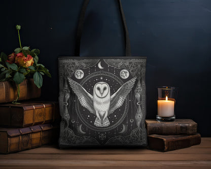 Mystical White Barn Owl Tote Bag – Dark Occult & Sacred Geometry Design, Durable Polyester in 3 Sizes with Black Handles