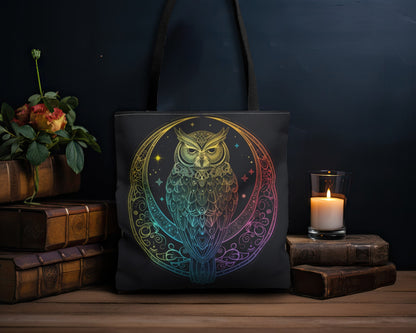 Lunar Sentinel Owl Double-Sided Tote Bag, Moonlit Avian Emblem, Cosmic Wisdom Design, Starry Night and Lunar Motif, Mystical Moonlit Accessory