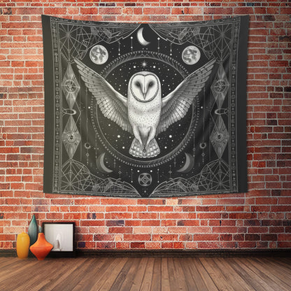 Mystical White Barn Owl Wall Tapestry - Enchanting Dark Occult and Sacred Geometry Home Decor, Available in 4 Sizes