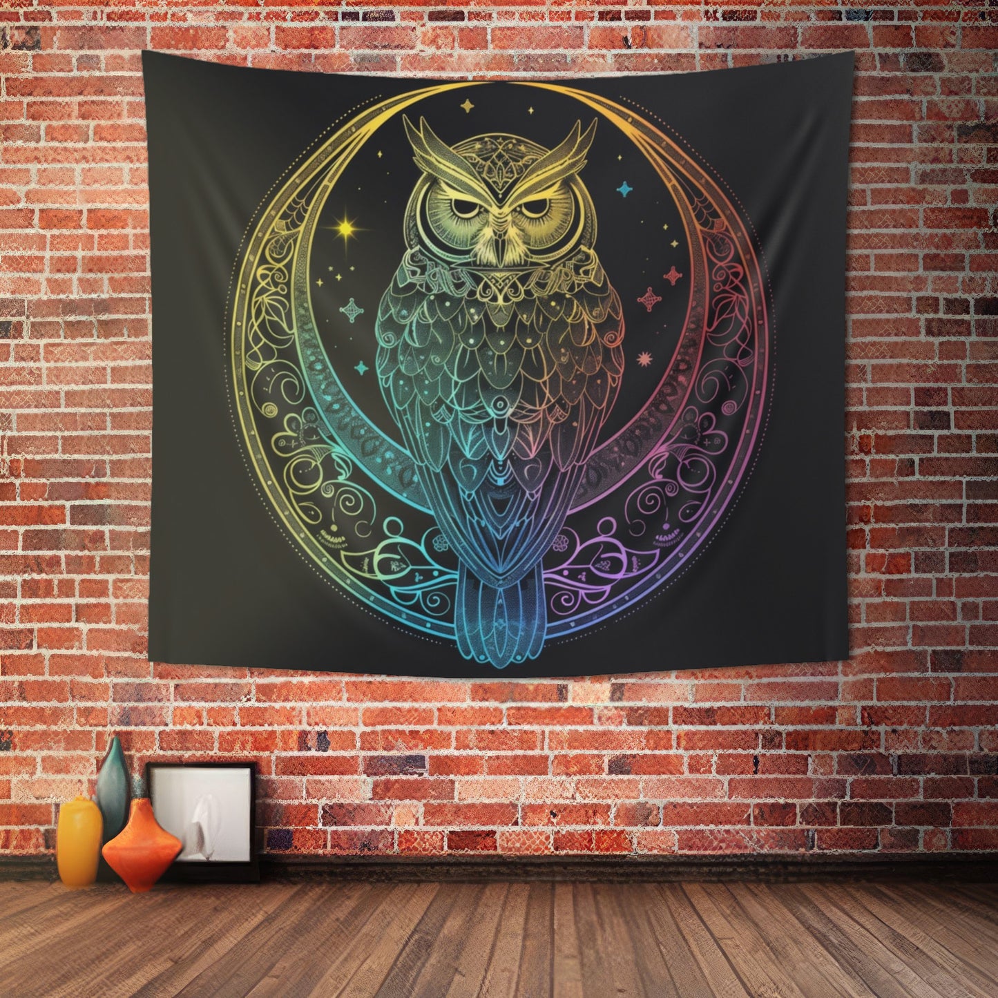 Lunar Sentinel Owl Indoor Wall Tapestry, Moonlit Avian Emblem, Cosmic Wisdom Design, Starry Night and Lunar Motif, Mystical Moonlit Wall Art