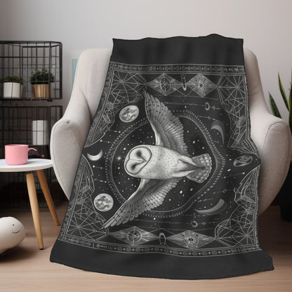 Enchanted White Barn Owl Decorative Double Sided Throw Blanket – Sacred Geometry and Occult Motifs for Home