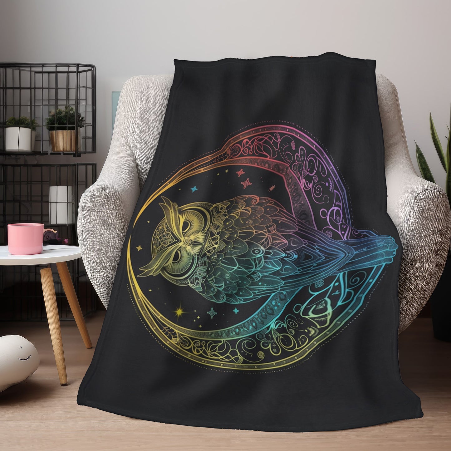 Lunar Sentinel Owl Double-Sided Throw Blanket, Moonlit Avian Emblem, Cosmic Wisdom Design, Starry Night and Lunar Motif, Mystical Moonlit Art