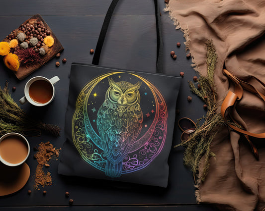 Lunar Sentinel Owl Double-Sided Tote Bag, Moonlit Avian Emblem, Cosmic Wisdom Design, Starry Night and Lunar Motif, Mystical Moonlit Accessory