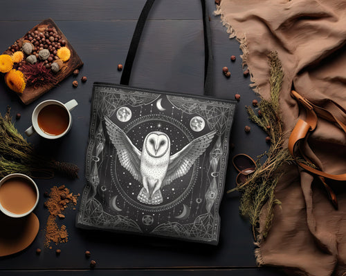 Mystical White Barn Owl Tote Bag – Dark Occult & Sacred Geometry Design, Durable Polyester in 3 Sizes with Black Handles