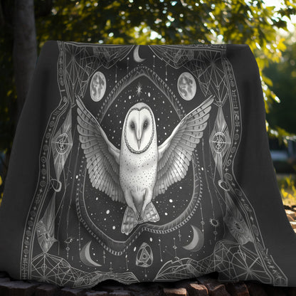 Enchanted White Barn Owl Decorative Double Sided Throw Blanket – Sacred Geometry and Occult Motifs for Home