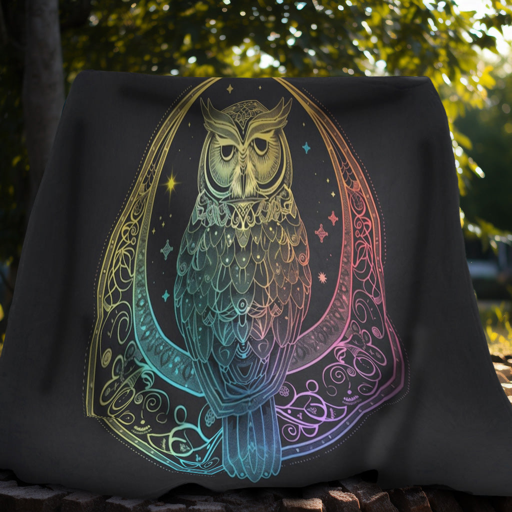 Lunar Sentinel Owl Double-Sided Throw Blanket, Moonlit Avian Emblem, Cosmic Wisdom Design, Starry Night and Lunar Motif, Mystical Moonlit Art