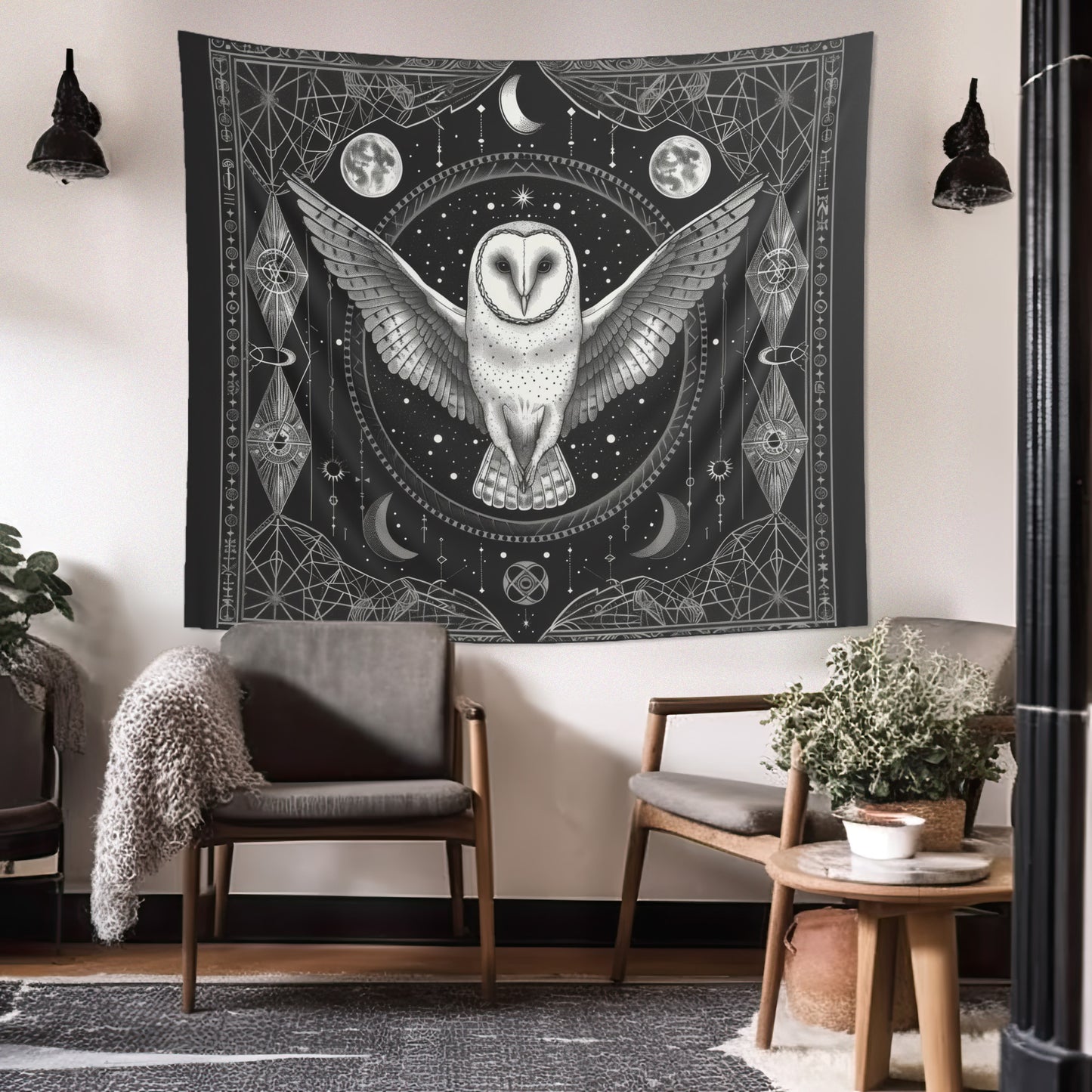 Mystical White Barn Owl Wall Tapestry - Enchanting Dark Occult and Sacred Geometry Home Decor, Available in 4 Sizes