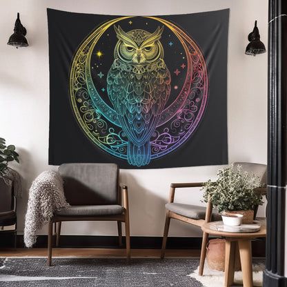 Lunar Sentinel Owl Indoor Wall Tapestry, Moonlit Avian Emblem, Cosmic Wisdom Design, Starry Night and Lunar Motif, Mystical Moonlit Wall Art