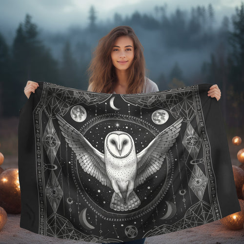 Enchanted White Barn Owl Decorative Double Sided Throw Blanket – Sacred Geometry and Occult Motifs for Home