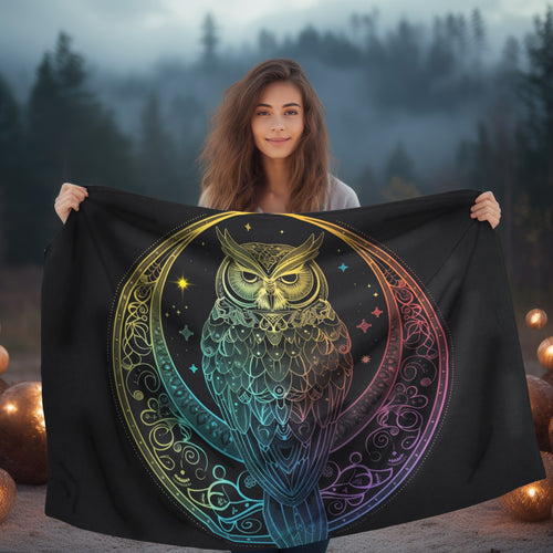 Lunar Sentinel Owl Double-Sided Throw Blanket, Moonlit Avian Emblem, Cosmic Wisdom Design, Starry Night and Lunar Motif, Mystical Moonlit Art