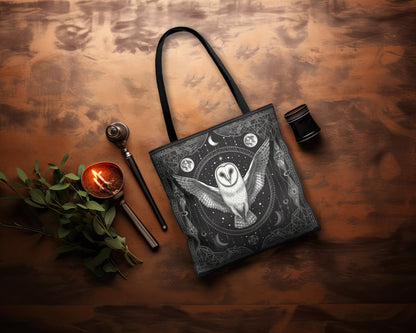 Mystical White Barn Owl Tote Bag – Dark Occult & Sacred Geometry Design, Durable Polyester in 3 Sizes with Black Handles