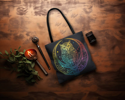 Lunar Sentinel Owl Double-Sided Tote Bag, Moonlit Avian Emblem, Cosmic Wisdom Design, Starry Night and Lunar Motif, Mystical Moonlit Accessory