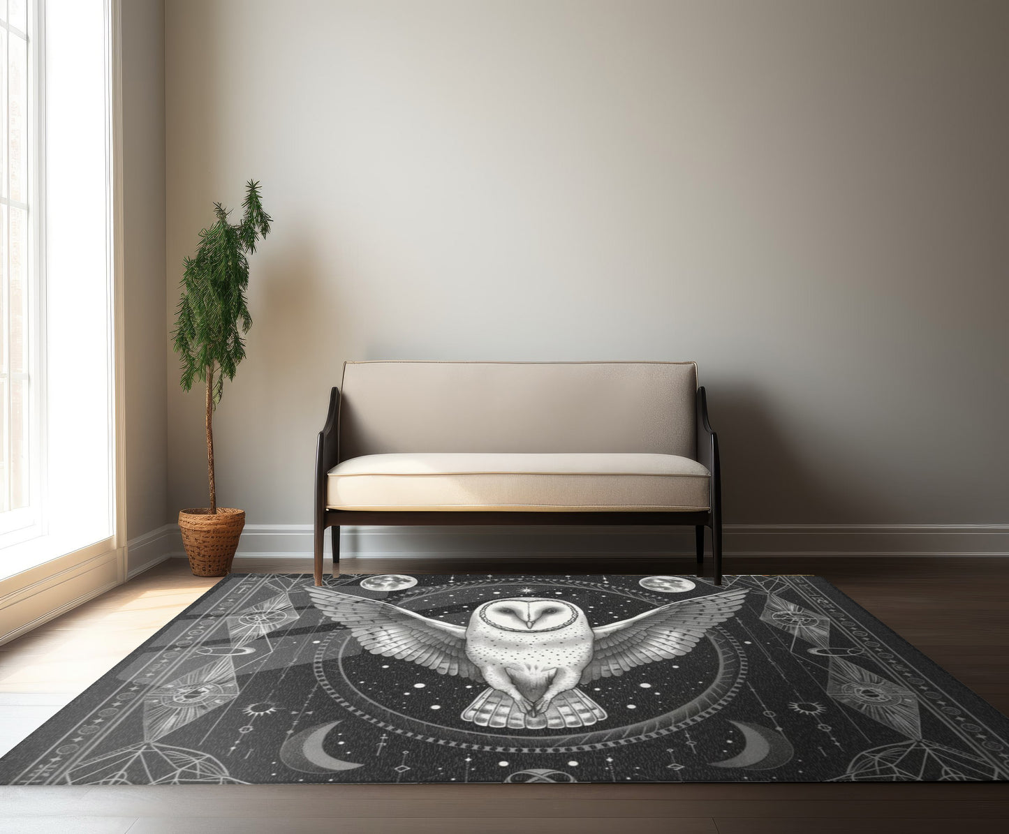 White Barn Owl Polyester Chenille Area Rug (3 Sizes), Sacred Geometry Aesthetic, Dark Occult Bedroom, Living Room & Dorm Room Decor