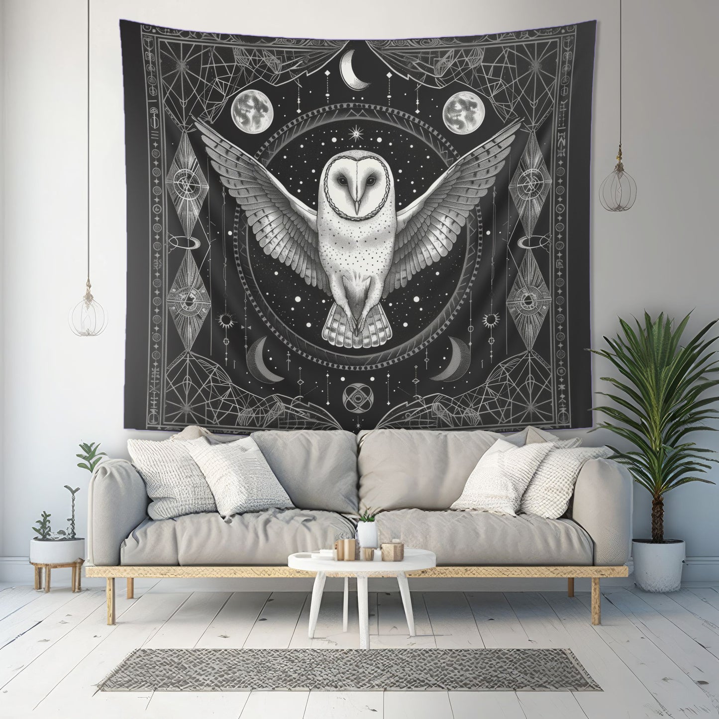 Mystical White Barn Owl Wall Tapestry - Enchanting Dark Occult and Sacred Geometry Home Decor, Available in 4 Sizes