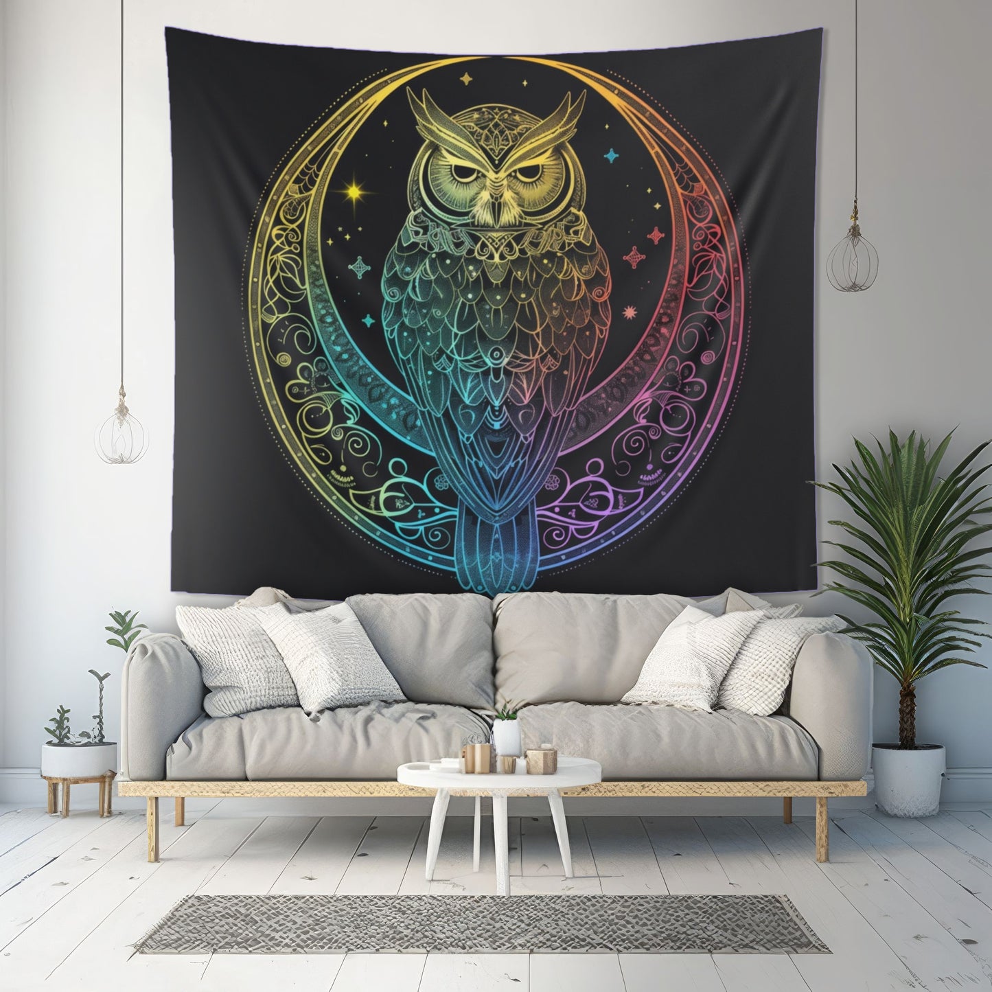 Lunar Sentinel Owl Indoor Wall Tapestry, Moonlit Avian Emblem, Cosmic Wisdom Design, Starry Night and Lunar Motif, Mystical Moonlit Wall Art