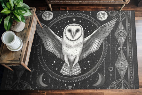 White Barn Owl Polyester Chenille Area Rug (3 Sizes), Sacred Geometry Aesthetic, Dark Occult Bedroom, Living Room & Dorm Room Decor