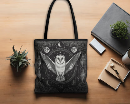 Mystical White Barn Owl Tote Bag – Dark Occult & Sacred Geometry Design, Durable Polyester in 3 Sizes with Black Handles