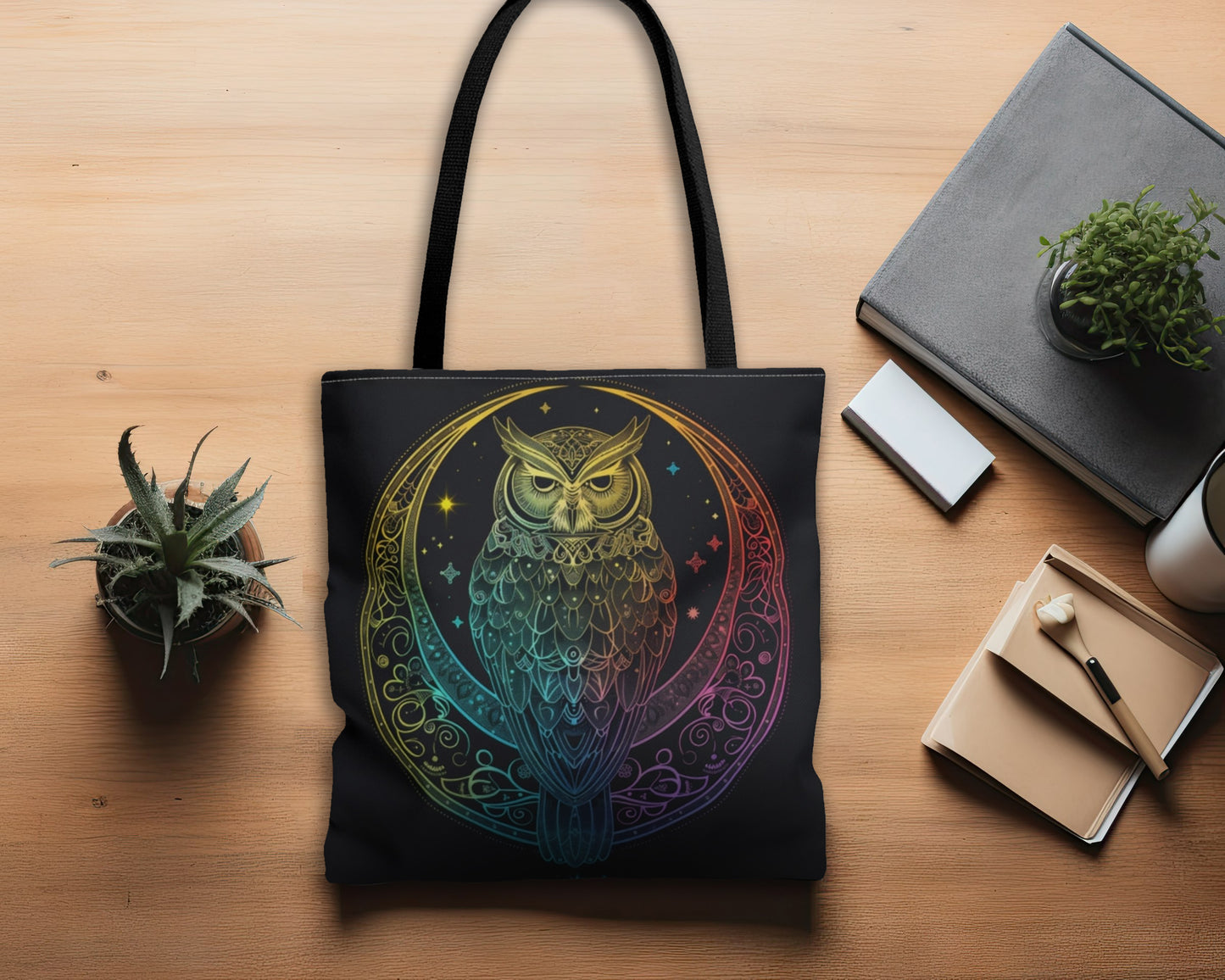 Lunar Sentinel Owl Double-Sided Tote Bag, Moonlit Avian Emblem, Cosmic Wisdom Design, Starry Night and Lunar Motif, Mystical Moonlit Accessory