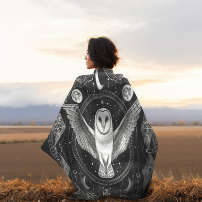 Enchanted White Barn Owl Decorative Double Sided Throw Blanket – Sacred Geometry and Occult Motifs for Home