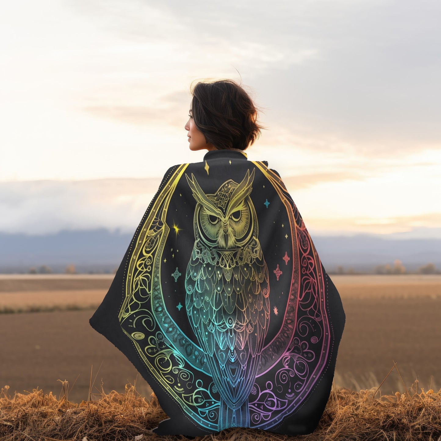 Lunar Sentinel Owl Double-Sided Throw Blanket, Moonlit Avian Emblem, Cosmic Wisdom Design, Starry Night and Lunar Motif, Mystical Moonlit Art