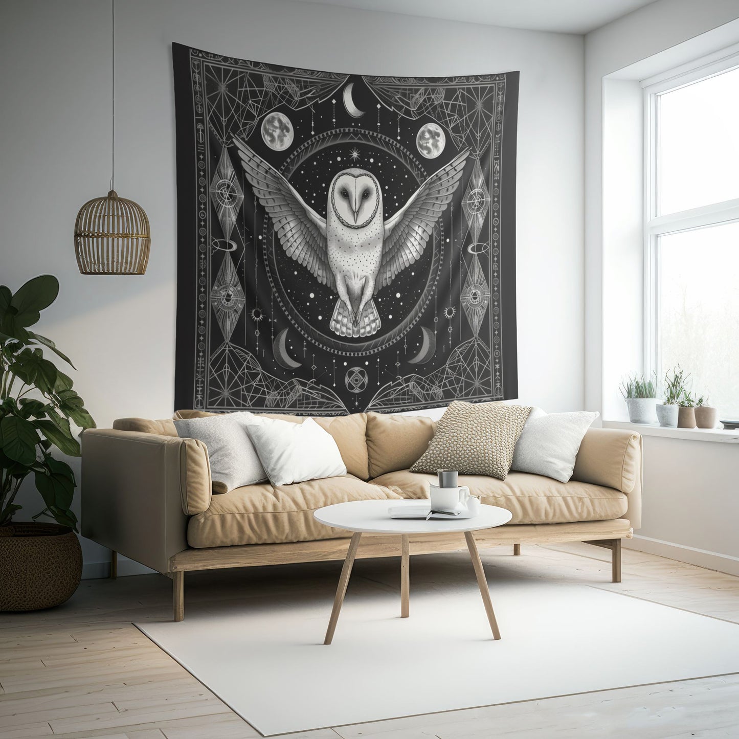 Mystical White Barn Owl Wall Tapestry - Enchanting Dark Occult and Sacred Geometry Home Decor, Available in 4 Sizes