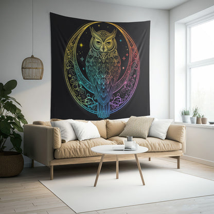 Lunar Sentinel Owl Indoor Wall Tapestry, Moonlit Avian Emblem, Cosmic Wisdom Design, Starry Night and Lunar Motif, Mystical Moonlit Wall Art