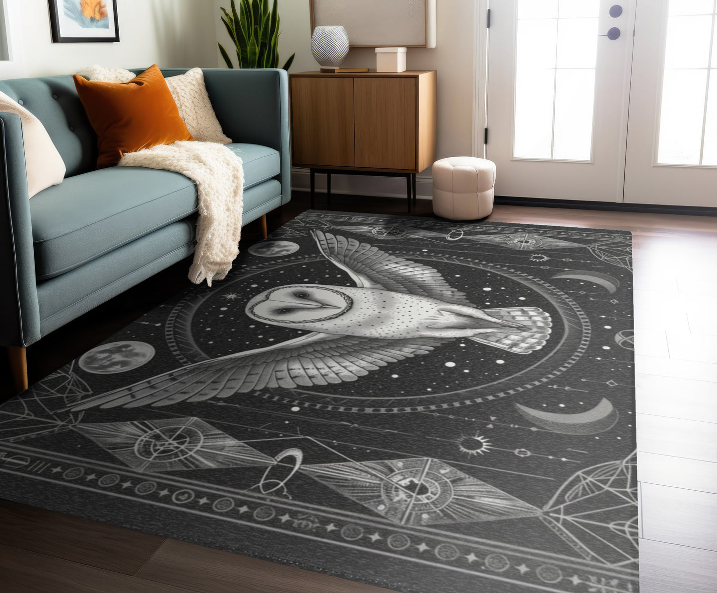 White Barn Owl Polyester Chenille Area Rug (3 Sizes), Sacred Geometry Aesthetic, Dark Occult Bedroom, Living Room & Dorm Room Decor