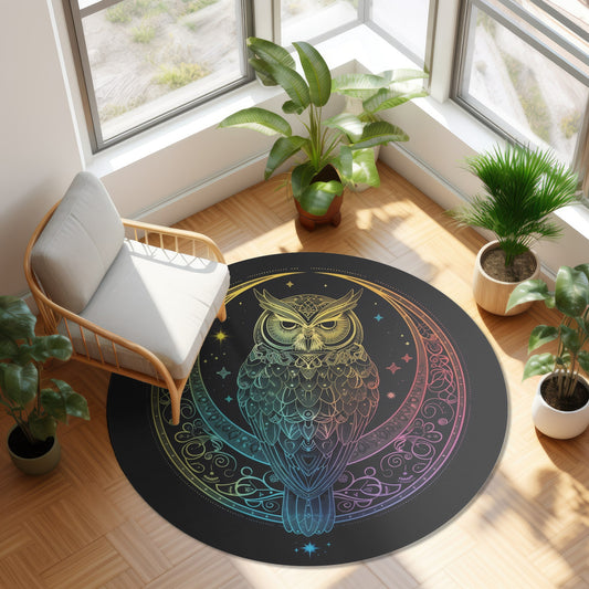 Lunar Sentinel Owl Round Chenille Area Rug, Moonlit Avian Emblem, Cosmic Wisdom Design, Starry Night and Lunar Motif, Mystical Moonlit Decor