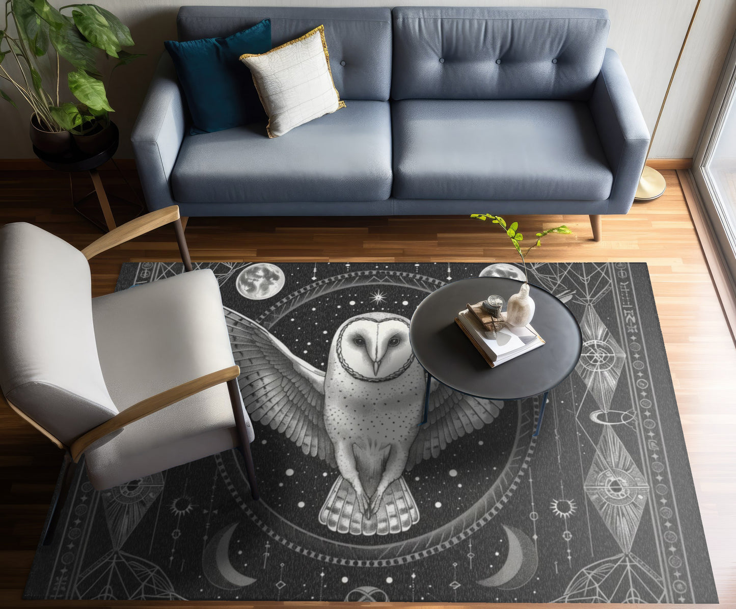 White Barn Owl Polyester Chenille Area Rug (3 Sizes), Sacred Geometry Aesthetic, Dark Occult Bedroom, Living Room & Dorm Room Decor