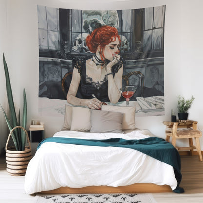 Persephone's Repose Wall Tapestry, Pomegranate & Elegance Art, Enigmatic Decor for Myth-Inspired Interiors