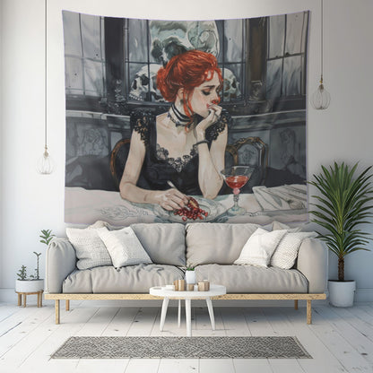 Persephone's Repose Wall Tapestry, Pomegranate & Elegance Art, Enigmatic Decor for Myth-Inspired Interiors