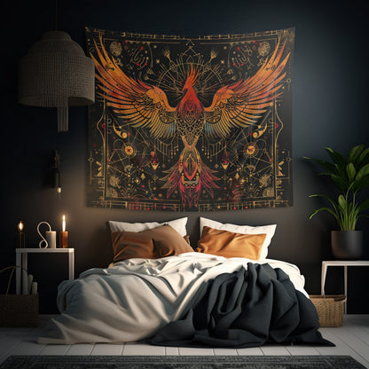 Phoenix Ascension Indoor Wall Hanging, Mystical Dark Arts Theme, Intricate Sacred Geometry Decor for Bedrooms, Living Spaces, and College Dorms