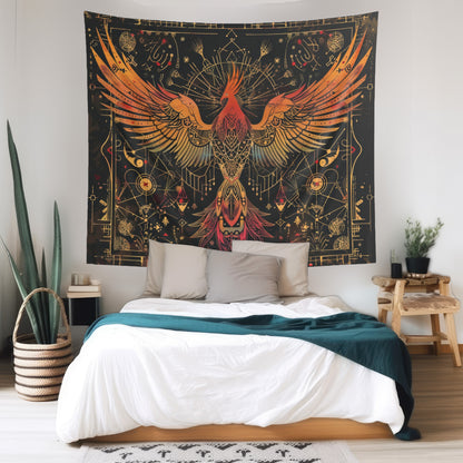 Phoenix Ascension Indoor Wall Hanging, Mystical Dark Arts Theme, Intricate Sacred Geometry Decor for Bedrooms, Living Spaces, and College Dorms