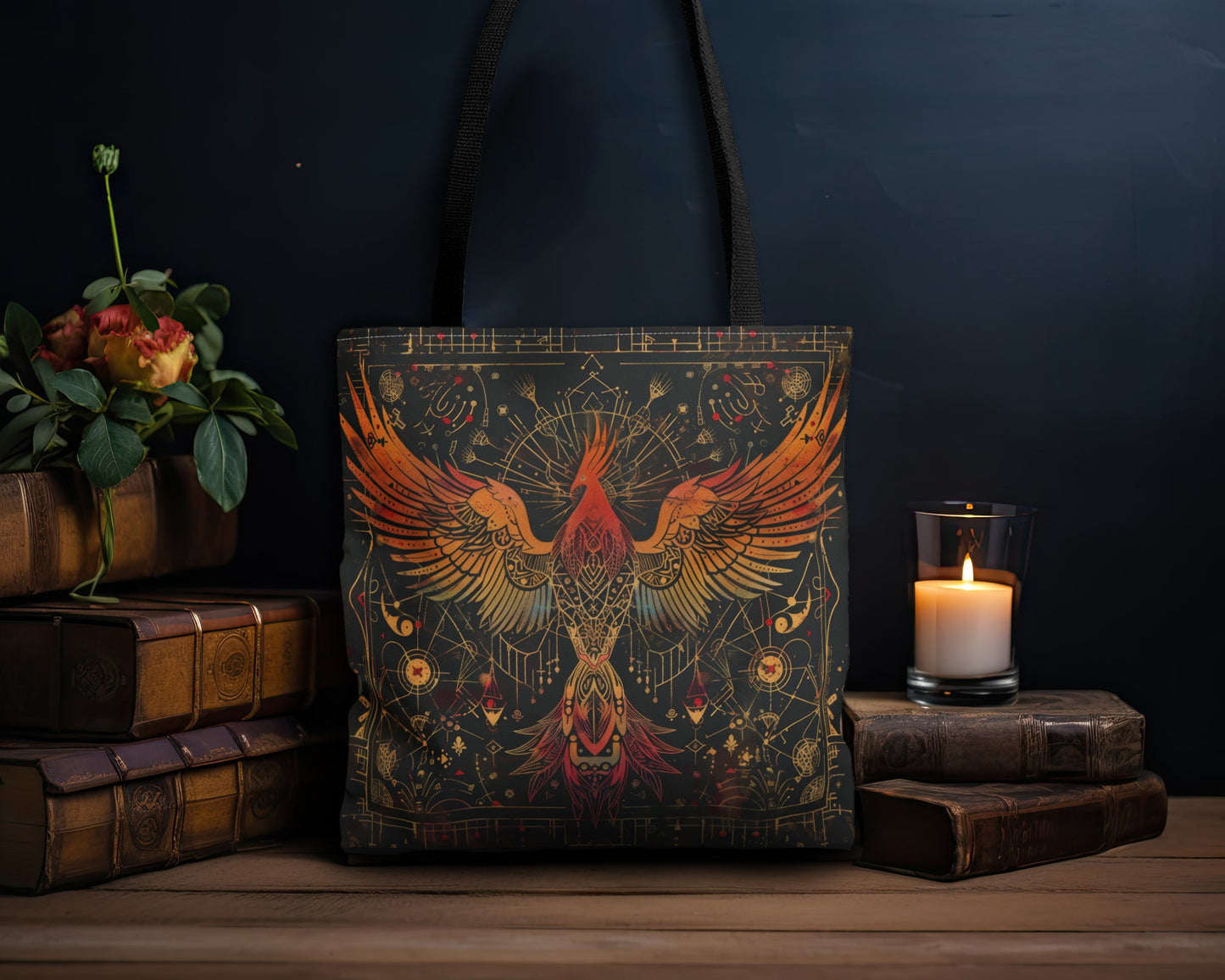 Rising Phoenix Polyester Tote Bag (Double Sided), Dark Occult and Sacred Geometry Inspired, Available in 3 Sizes with Black Handles