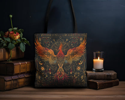 Rising Phoenix Polyester Tote Bag (Double Sided), Dark Occult and Sacred Geometry Inspired, Available in 3 Sizes with Black Handles