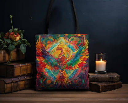 Psychedelic Rainbow Phoenix Double Sided Tote Bag, Street Art Aesthetic, Vibrant Colorful Fashion Style, 3 Sizes, Black Handles