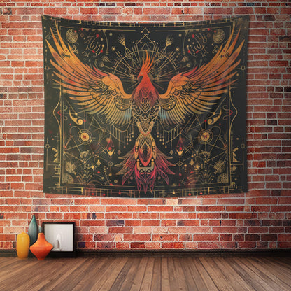 Phoenix Ascension Indoor Wall Hanging, Mystical Dark Arts Theme, Intricate Sacred Geometry Decor for Bedrooms, Living Spaces, and College Dorms