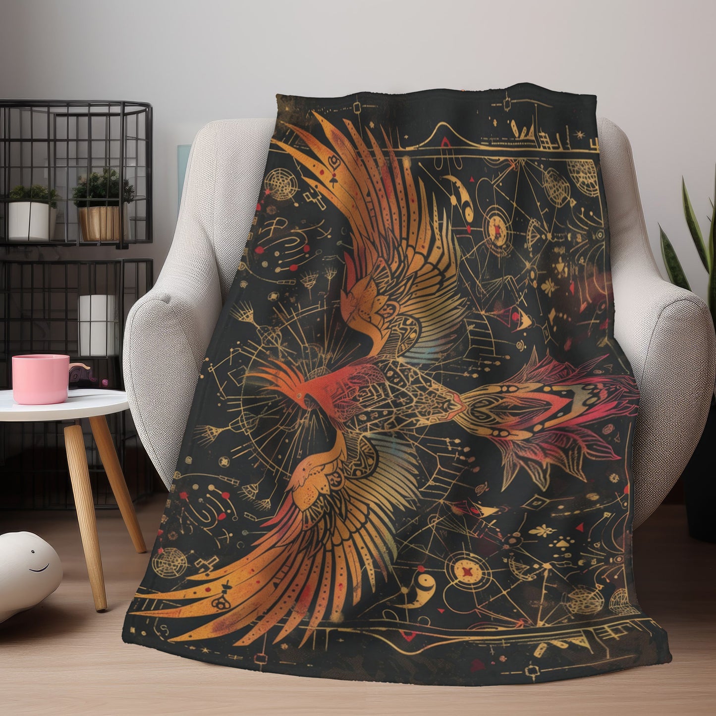 Phoenix Rising Double-Sided Decorative Throw Blanket – Sacred Geometry and Occult-Themed Home Accessory