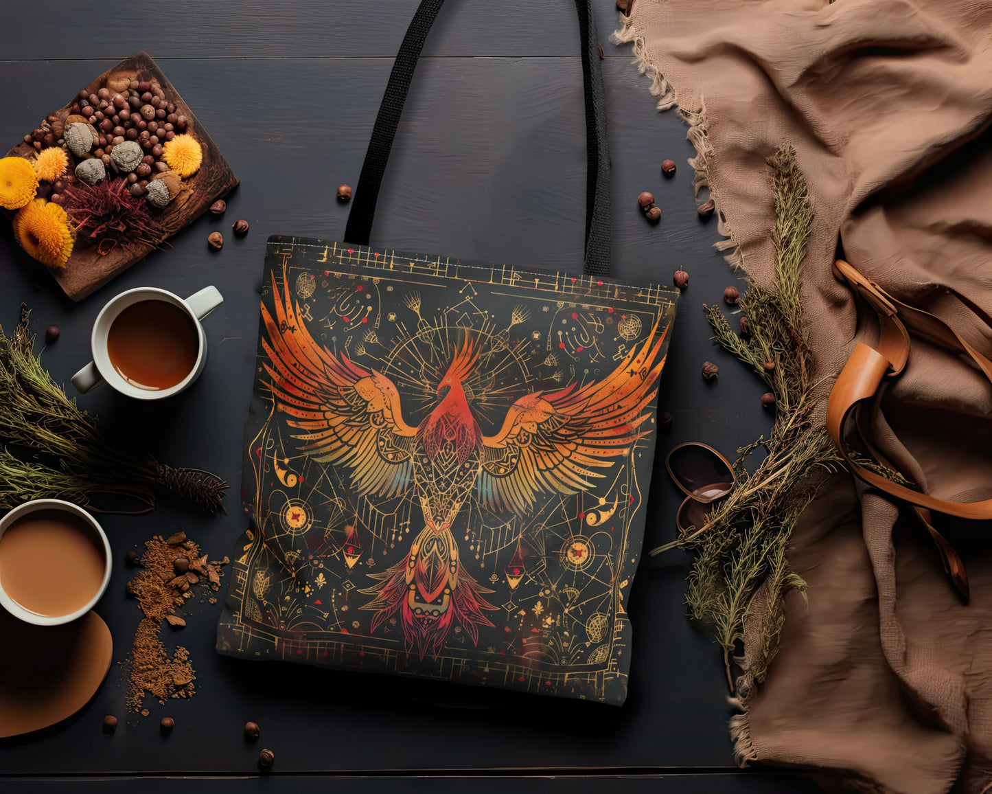 Rising Phoenix Polyester Tote Bag (Double Sided), Dark Occult and Sacred Geometry Inspired, Available in 3 Sizes with Black Handles