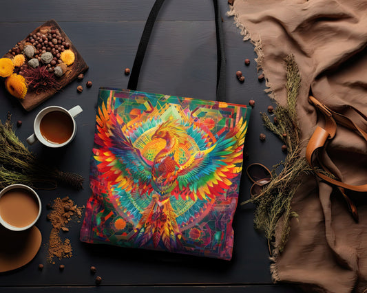 Psychedelic Rainbow Phoenix Double Sided Tote Bag, Street Art Aesthetic, Vibrant Colorful Fashion Style, 3 Sizes, Black Handles