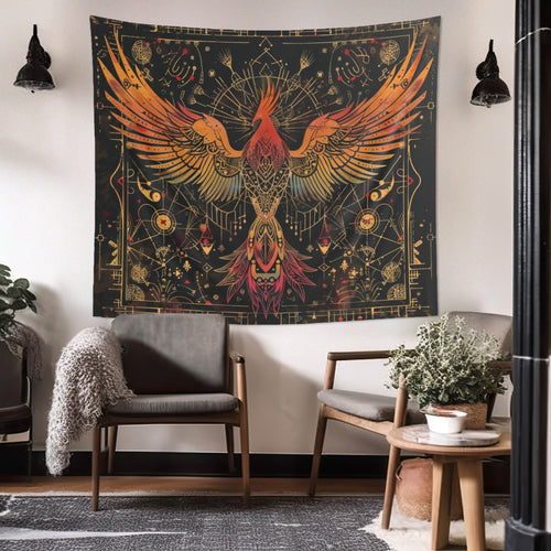 Phoenix Ascension Indoor Wall Hanging, Mystical Dark Arts Theme, Intricate Sacred Geometry Decor for Bedrooms, Living Spaces, and College Dorms