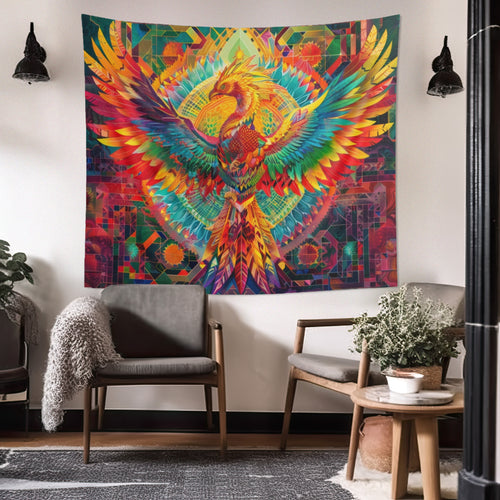 Psychedelic Rainbow Phoenix Indoor Wall Tapestry, Street Art Aesthetic Altar Cloth, Vibrant Colorful Style Living, Dorm & Bed Room Decor