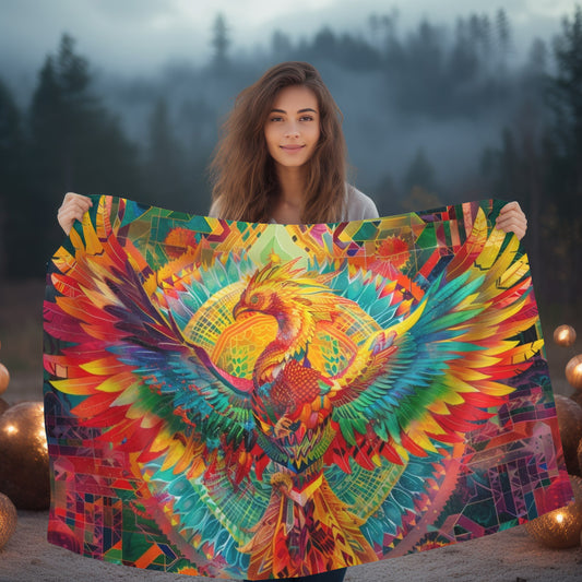 Psychedelic Rainbow Phoenix Double Sided Throw Blanket, Street Art Aesthetic, Vibrant Colorful Style Living, Dorm & Bed Room Decor