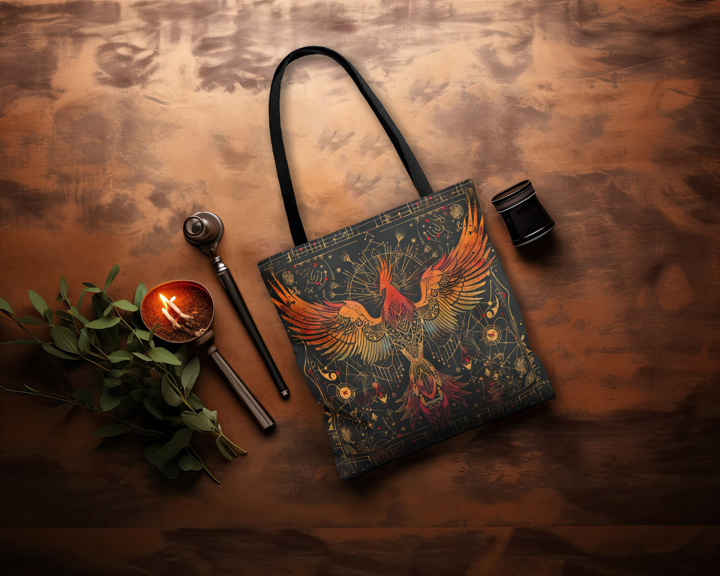 Rising Phoenix Polyester Tote Bag (Double Sided), Dark Occult and Sacred Geometry Inspired, Available in 3 Sizes with Black Handles