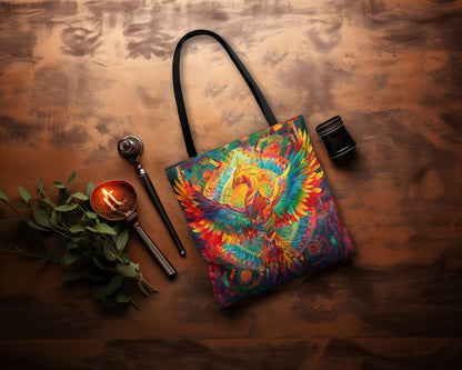 Psychedelic Rainbow Phoenix Double Sided Tote Bag, Street Art Aesthetic, Vibrant Colorful Fashion Style, 3 Sizes, Black Handles