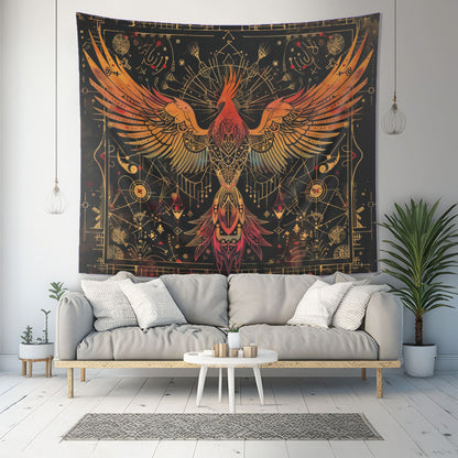 Phoenix Ascension Indoor Wall Hanging, Mystical Dark Arts Theme, Intricate Sacred Geometry Decor for Bedrooms, Living Spaces, and College Dorms