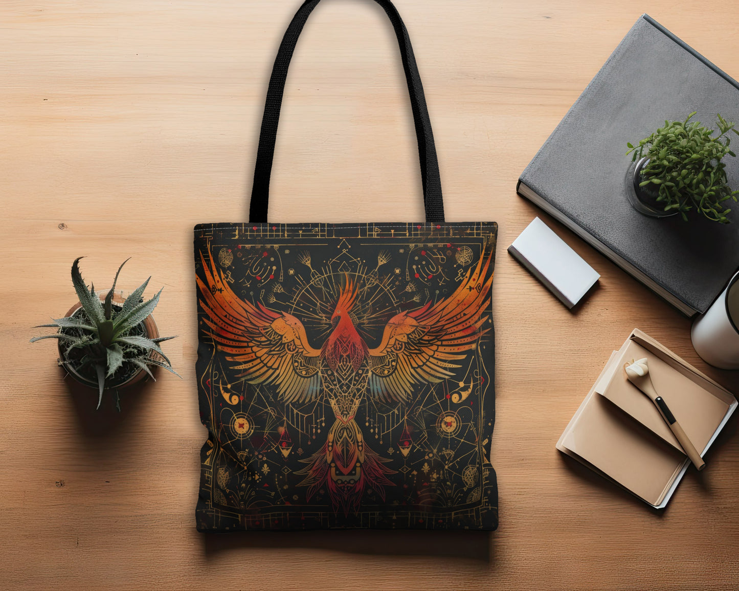 Rising Phoenix Polyester Tote Bag (Double Sided), Dark Occult and Sacred Geometry Inspired, Available in 3 Sizes with Black Handles