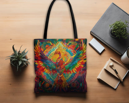 Psychedelic Rainbow Phoenix Double Sided Tote Bag, Street Art Aesthetic, Vibrant Colorful Fashion Style, 3 Sizes, Black Handles