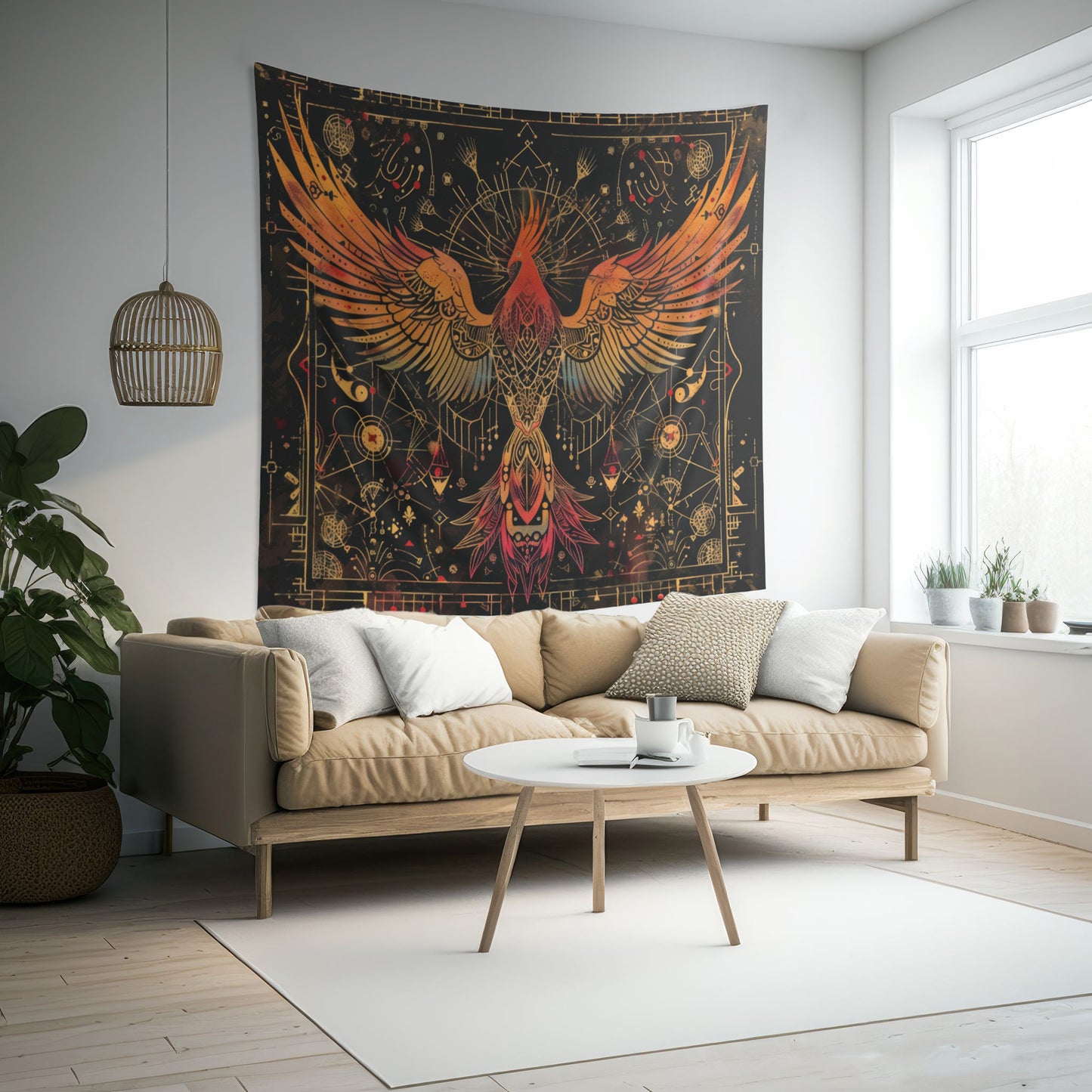 Phoenix Ascension Indoor Wall Hanging, Mystical Dark Arts Theme, Intricate Sacred Geometry Decor for Bedrooms, Living Spaces, and College Dorms