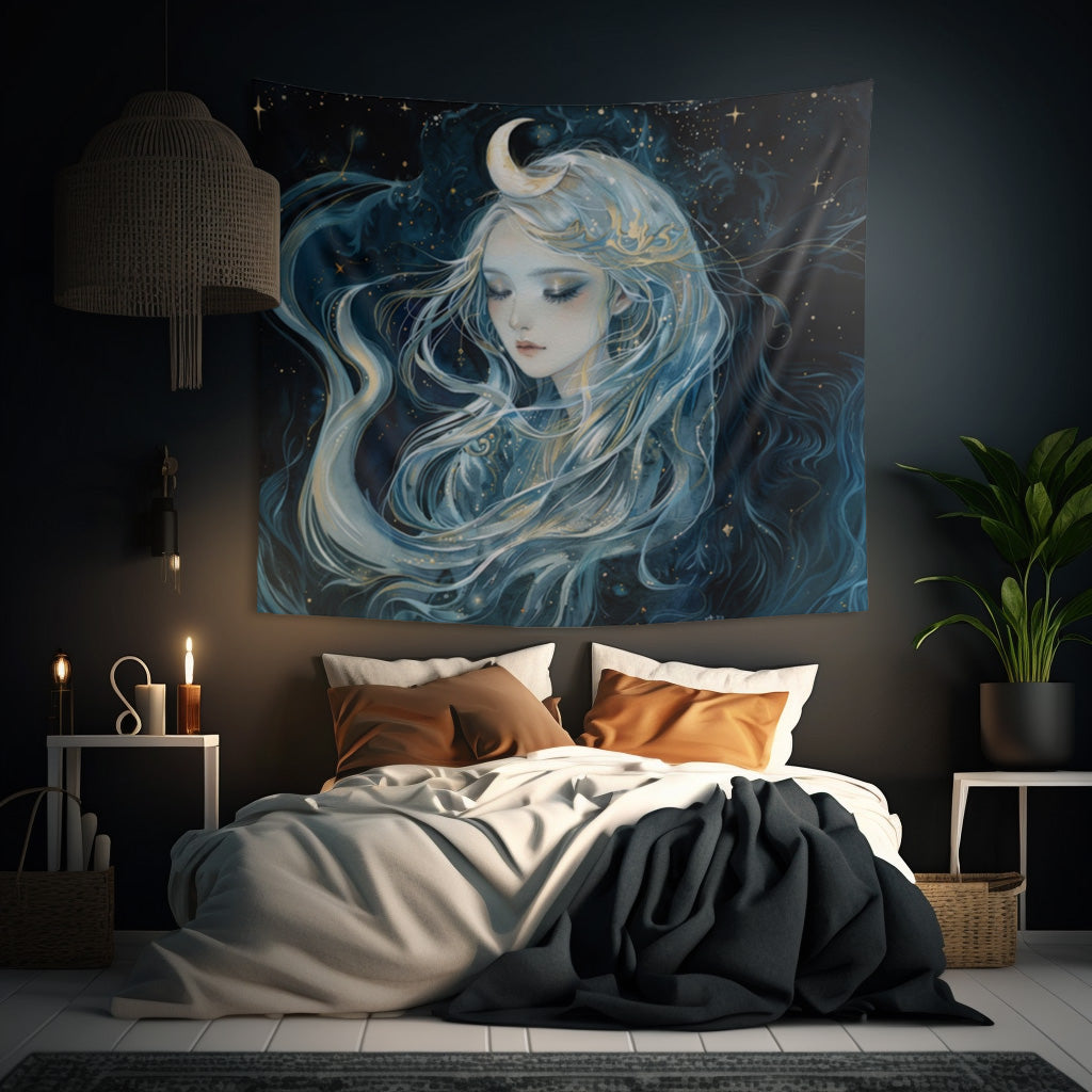 Selene's Moonlit Reverie Wall Tapestry, Goddess of the Moon Portrait, Celestial Night Elegance, Enigmatic Cosmic Decor Piece